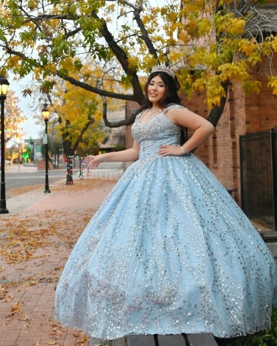 Off Shoulder Sky Blue Quinceanera Dress Metallic Sequin V Neck 15 Dresses