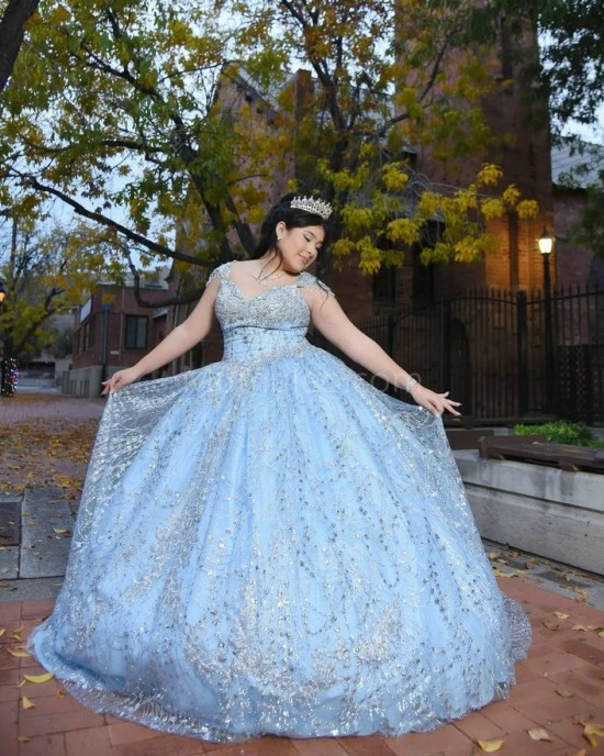 Off Shoulder Sky Blue Quinceanera Dress Metallic Sequin V Neck 15 Dresses