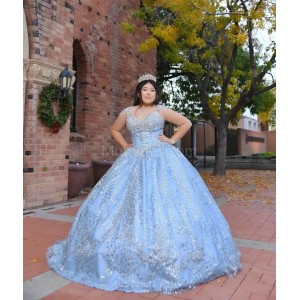 Off Shoulder Sky Blue Quinceanera Dress Metallic Sequin V Neck 15 Dresses