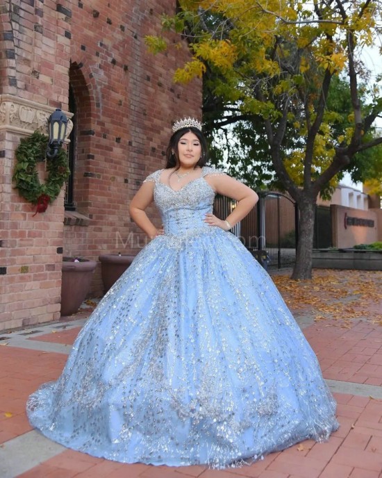 Off Shoulder Sky Blue Quinceanera Dress Metallic Sequin V Neck 15 Dresses