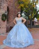 Off Shoulder Sky Blue Quinceanera Dress Metallic Sequin V Neck 15 Dresses