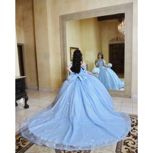 Off Shoulder Sky Blue Quinceanera Dress Sweetheart Neck Metallic Sequin 15 Dresses