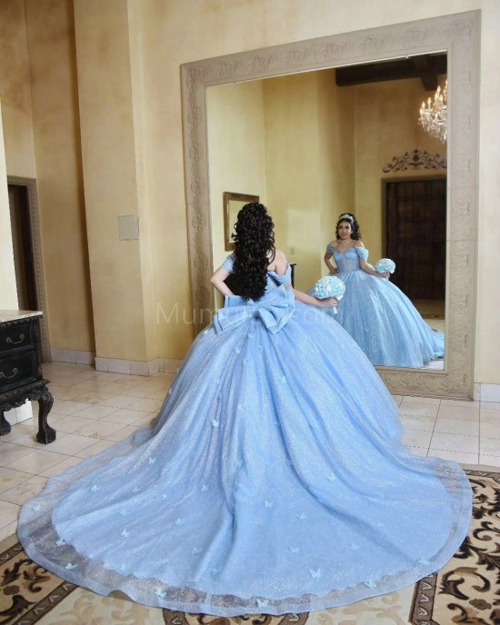 Off Shoulder Sky Blue Quinceanera Dress Sweetheart Neck Metallic Sequin 15 Dresses