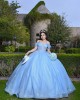 Off Shoulder Sky Blue Quinceanera Dress Sweetheart Neck Metallic Sequin 15 Dresses