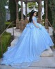 Off Shoulder Sky Blue Quinceanera Dress Sweetheart Neck Metallic Sequin 15 Dresses