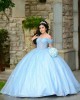 Off Shoulder Sky Blue Quinceanera Dress Sweetheart Neck Metallic Sequin 15 Dresses