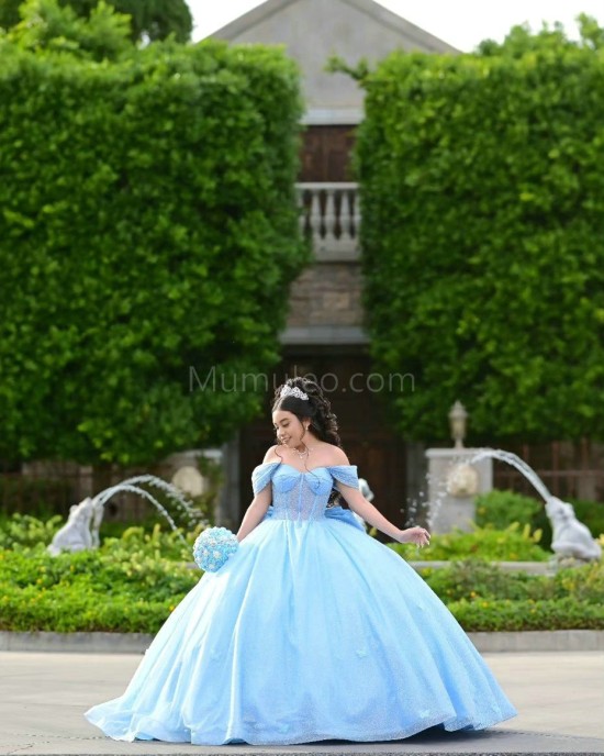 Off Shoulder Sky Blue Quinceanera Dress Sweetheart Neck Metallic Sequin 15 Dresses