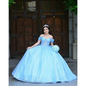 Off Shoulder Sky Blue Quinceanera Dress Sweetheart Neck Metallic Sequin 15 Dresses