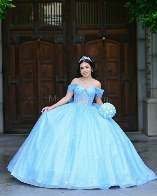 Off Shoulder Sky Blue Quinceanera Dress Sweetheart Neck Metallic Sequin 15 Dresses