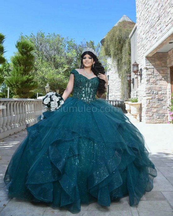 Off Shoulder Tiered Emerald Green Quinceanera Dress Lace Appliques Sweetheart Neck 15 Dresses