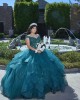 Off Shoulder Tiered Emerald Green Quinceanera Dress Lace Appliques Sweetheart Neck 15 Dresses