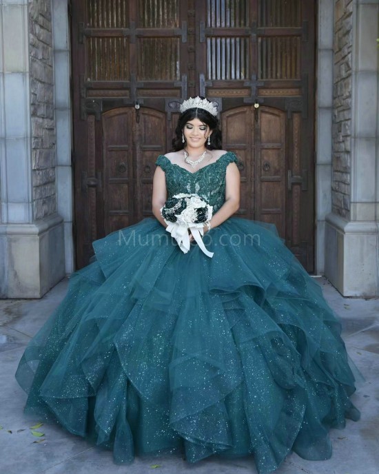 Off Shoulder Tiered Emerald Green Quinceanera Dress Lace Appliques Sweetheart Neck 15 Dresses