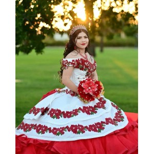 Off Shoulder Tiered Red Quince Dresses Lace Appliques Sweetheart Neck 15 Dress