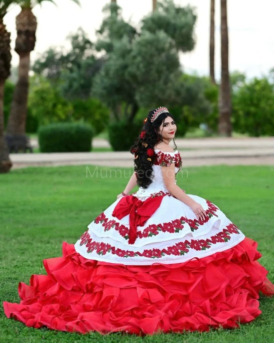 Off Shoulder Tiered Red Quince Dresses Lace Appliques Sweetheart Neck 15 Dress