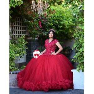 Ruffled Red Quinceanera Dress V Neck Metallic Sequin 15 Dresses