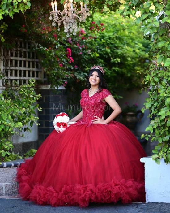 Ruffled Red Quinceanera Dress V Neck Metallic Sequin 15 Dresses