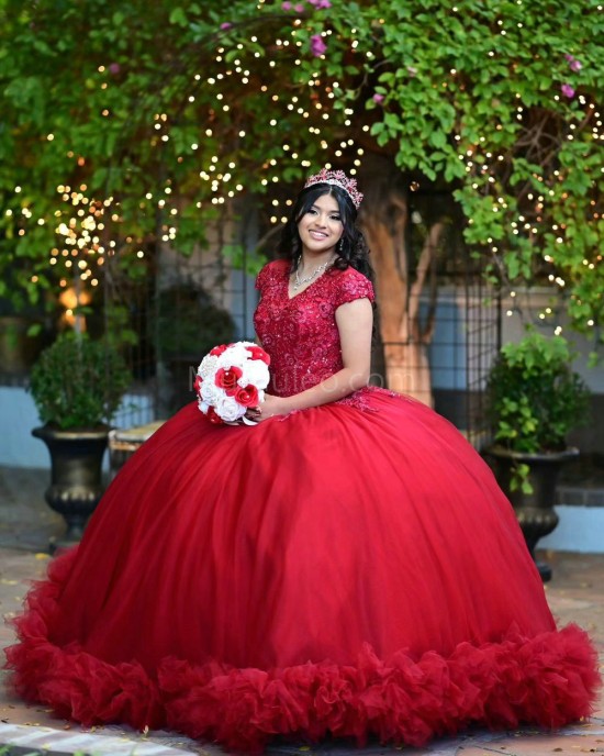 Ruffled Red Quinceanera Dress V Neck Metallic Sequin 15 Dresses