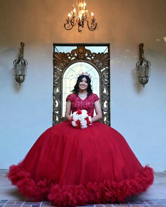 Ruffled Red Quinceanera Dress V Neck Metallic Sequin 15 Dresses