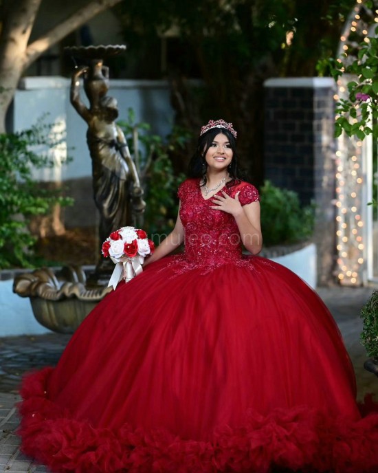 Ruffled Red Quinceanera Dress V Neck Metallic Sequin 15 Dresses