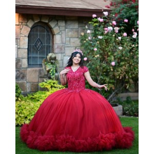 Ruffled Red Quinceanera Dress V Neck Metallic Sequin 15 Dresses