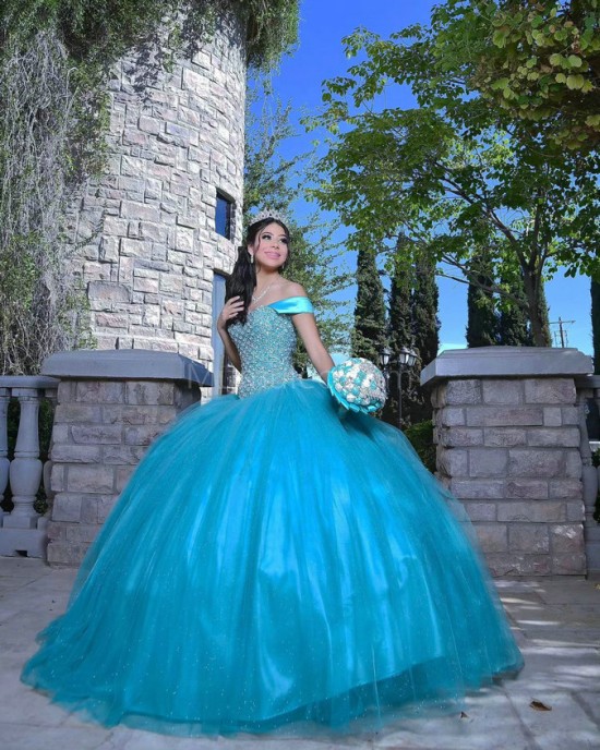 Sleeveless Aqua Quinceanera Dress Crystal Sweetheart Neck 15 Dresses