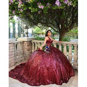 Sleeveless Burgundy Quince Dresses Metallic Sequin V Neck 15 Dress