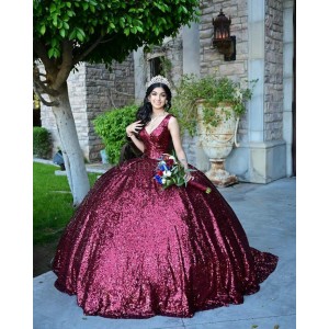 Sleeveless Burgundy Quince Dresses Metallic Sequin V Neck 15 Dress