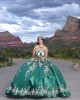 Sleeveless Emerald Green Quinceanera Dress Metallic Leaf Sweetheart Neck 15 Dresses