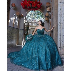 Sleeveless Emerald Green Quinceanera Dress Sweetheart Neck Metallic Sequin 15 Dresses