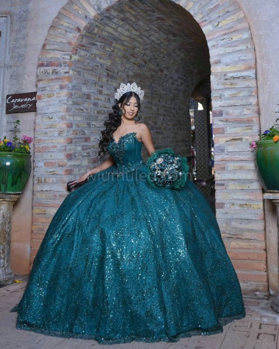 Sleeveless Emerald Green Quinceanera Dress Sweetheart Neck Metallic Sequin 15 Dresses