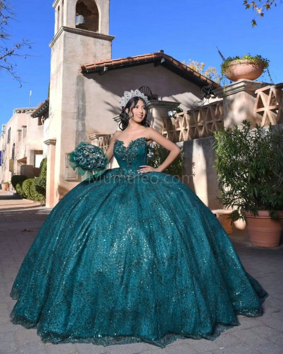 Sleeveless Emerald Green Quinceanera Dress Sweetheart Neck Metallic Sequin 15 Dresses