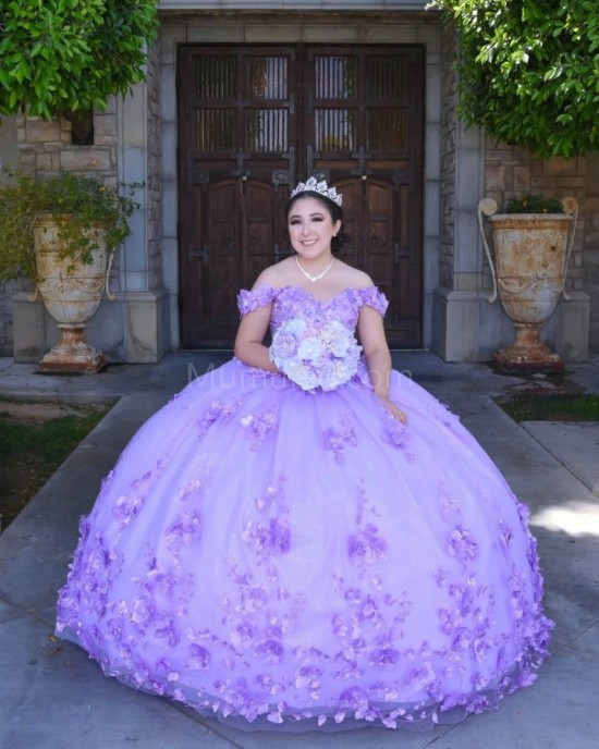 Sleeveless Lilac Quince Dresses Beading V Neck 15 Dress With 3D Flowers