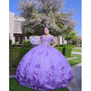 Sleeveless Lilac Quince Dresses Beading V Neck 15 Dress With 3D Flowers