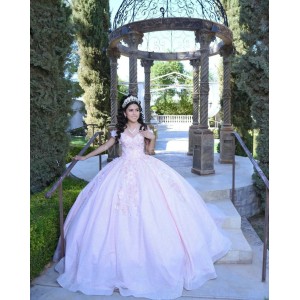 Sleeveless Pink Quince Dresses Lace Appliques V Neck 15 Dress