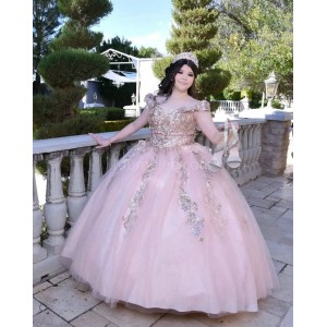 Sleeveless Pink Quinceanera Dress V Neck Metallic Sequin 15 Dresses