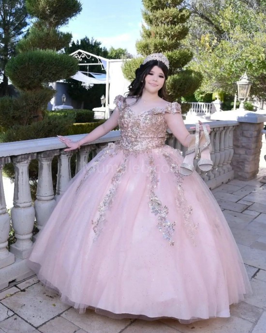 Sleeveless Pink Quinceanera Dress V Neck Metallic Sequin 15 Dresses