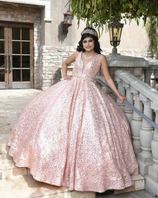 Sleeveless Rose Gold Quince Dresses Pearl Sequin V Neck 15 Dress