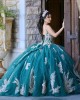 Spaghetti Strap Aqua Quince Dresses Lace Appliques Square Collar 15 Dress With Bow