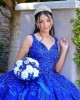 Spaghetti Strap Blue Quince Dresses Lace Appliques V Neck 15 Dress