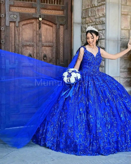 Spaghetti Strap Blue Quince Dresses Lace Appliques V Neck 15 Dress