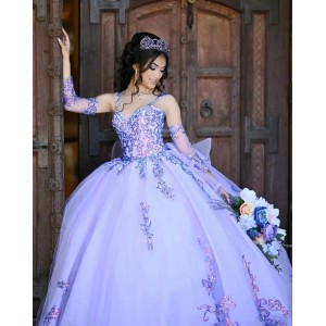 Spaghetti Strap Lilac Quince Dresses Lace Appliques V Neck Detachable 15 Dress