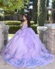 Spaghetti Strap Lilac Quince Dresses Lace Appliques V Neck Detachable 15 Dress