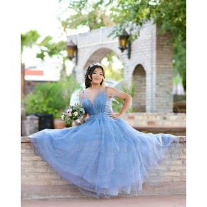 Spaghetti Strap Sky Blue Quince Dresses Beading V Neck 15 Dress