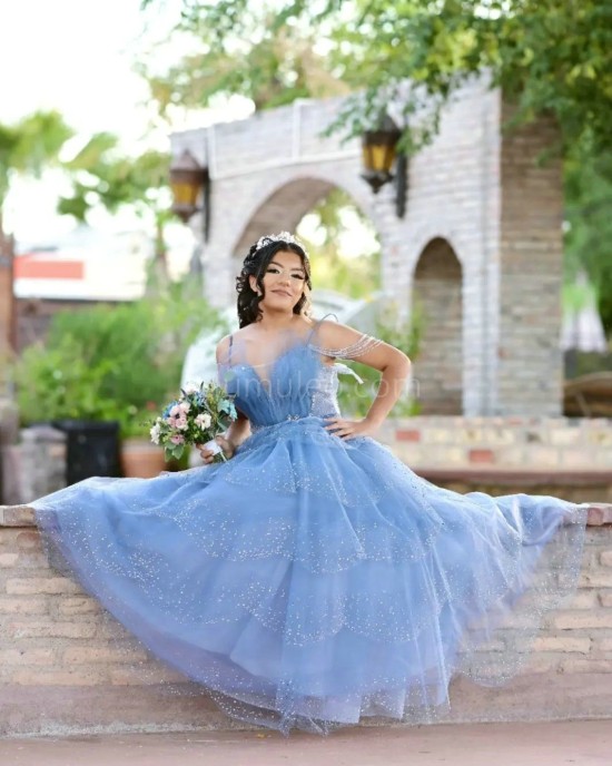 Spaghetti Strap Sky Blue Quince Dresses Beading V Neck 15 Dress