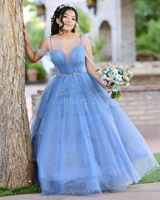 Spaghetti Strap Sky Blue Quince Dresses Beading V Neck 15 Dress