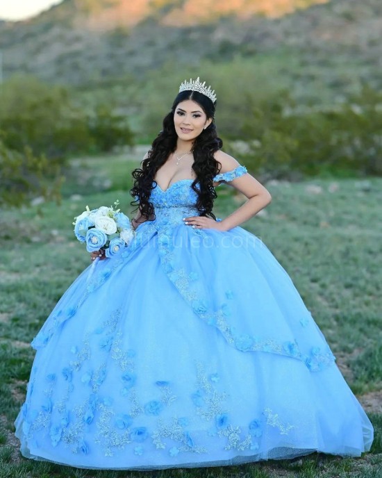 Spaghetti Strap Sky Blue Quinceanera Dress Sweetheart Neck Lace Appliques 15 Dresses