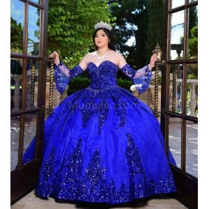 Sweetheart Neck Blue Quince Dresses Metallic Sequin Detachable 15 Dress