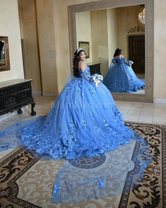 Sweetheart Neck Blue Quinceanera Dress Lace Appliques Off Shoulder 15 Dresses