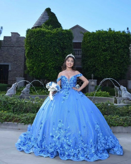 Sweetheart Neck Blue Quinceanera Dress Lace Appliques Off Shoulder 15 Dresses