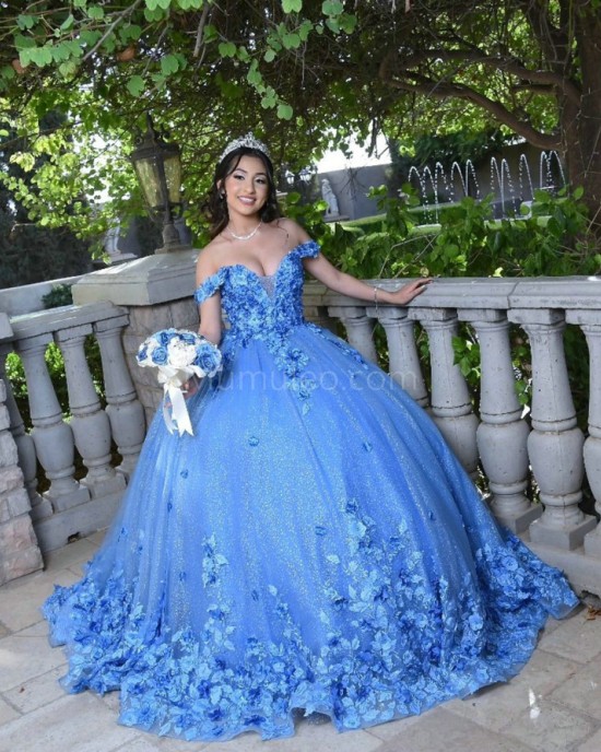 Sweetheart Neck Blue Quinceanera Dress Lace Appliques Off Shoulder 15 Dresses